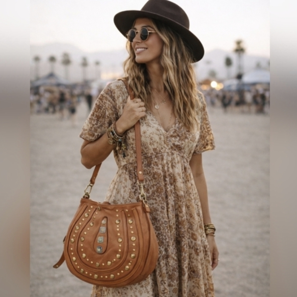 Bohemian Studded Detail Leather Horseshoe Shoulder Crossbody Bag - Picture 2 of 16
